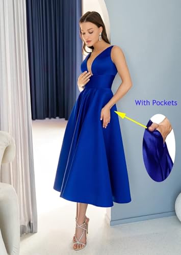 YUAOHUANG Satin Tea Length Homecoming Dress Corset Bridesmaid Dresses for Women Formal Gown with Pockets3