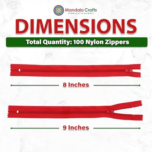 Image of Mandala Crafts 100 PCs Red Closed-End 8 Inches Nylon Zippers for Sewing