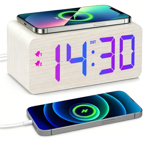 URAYCO Wooden Digital Alarm Clock with Fast Wireless Charger, Dual USB Charging Ports, DST