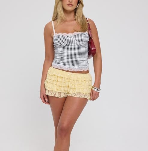 Image of Lace Ruffle Bloomers Women Lolita Mini Shorts Y2k Mesh Pumpkin Micro Boy Bottoms Ruffled Pettipants Layered Panties (Yellow, M)