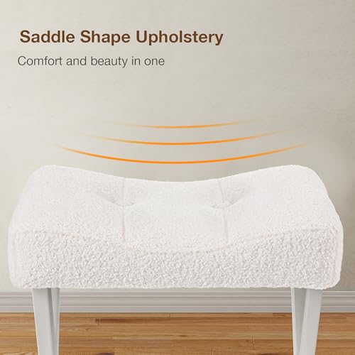 Image of Memobarco 18-Inch Vanity Stool Chair, Vanity Bench with Metal X-Legs, Ottoman Accent Stool with Breathable and Soft Boucle Fabric Saddle Seat, White