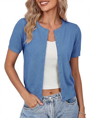 Image of GRACE KARIN Women Short Sleeve Cardigan, 2026 Summer Knitted Sweater Tops, Basic Crew Neck Crop Outfits