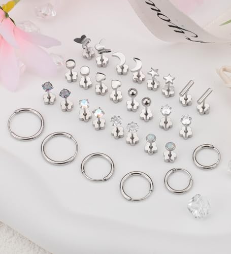 Staligue 15 Pairs Surgical Steel Earrings for Women Men Flat Back Earrings Hypoallergenic Opal Ball CZ Hoop 20 Gauge Earrings Sets for Multiple Piercing Jewelry3