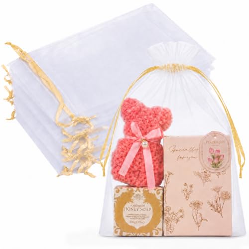 Image of Crweety 50PCS Organza Bags 8x12 Large White Mesh Gift Bags Gold Drawstring | Party Favor Goodie Bag Bulk, Jewelry Sachet Candy Treat Soap Makeup Pouches, Wrap for Wedding Baby Shower Birthday Halloween