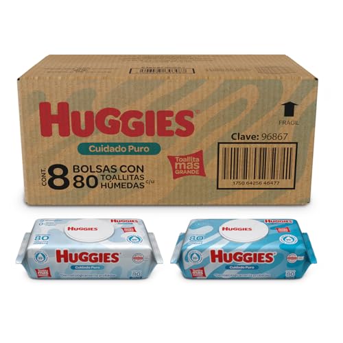 Huggies Cuidado Puro Toallas Húmedas para Bebé, Caja con 640 Piezas (8 paquetes de 80 toallitas c/u)