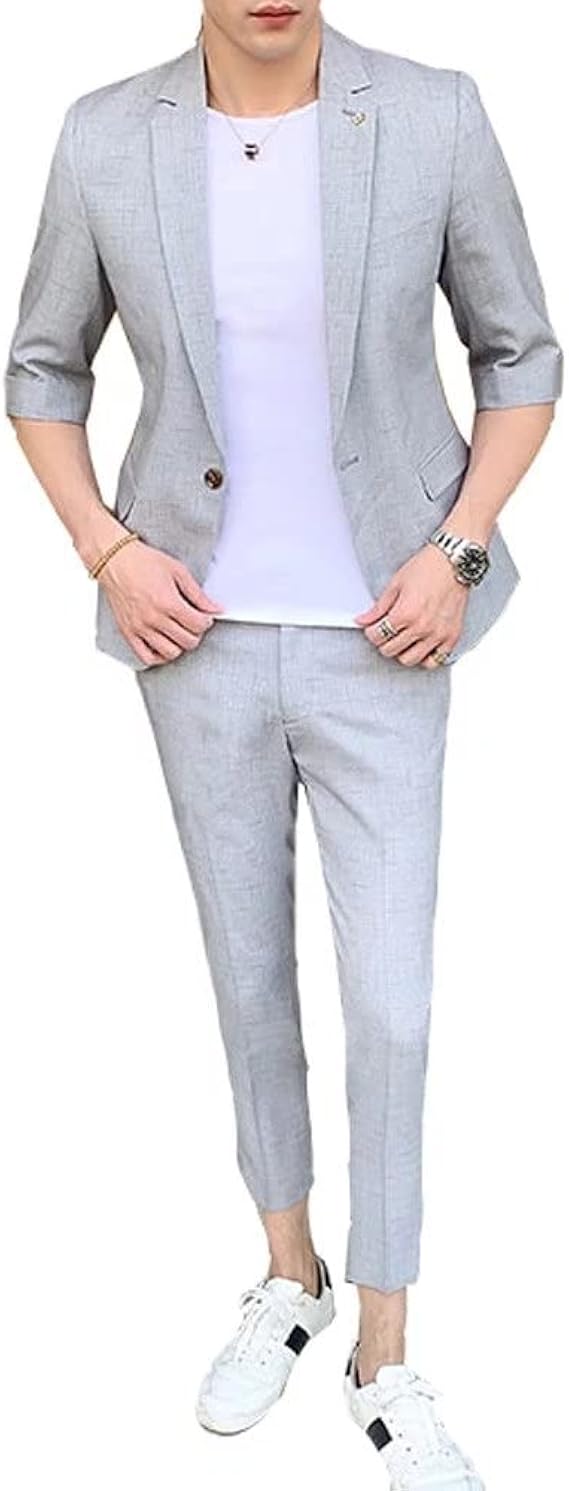 Amazon Co Jp スーツ メンズ 春夏コーデ 上下セット フォマール カジュアルスーツ 洋服 セットアップ テーラードジャケット スラックス ブレザー 5分袖 スキニーパンツ 8分丈ズボン カジュアル 男性用 紳士服 パーティー 服 ファッション小物
