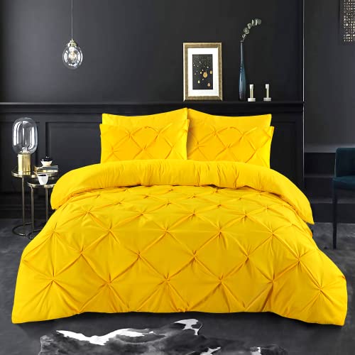 K&A® Pintuck Pinch Pleat King Size Duvet Cover Sets with Zipper Closure including Pillowcase – Ultrasoft Brushed Microfiber – Easy Care & Machine Washable (Yellow - 220x230)