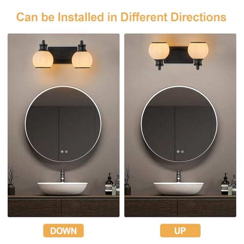 Image of 2 Light Modern Bathroom Light Fixtures Over Mirror (LED Bulbs Included), Black Vanity Lights for Bathroom Wall Sconces with Milky White Globe Glass Shades