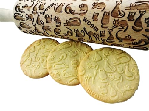MEOW CATS EMBOSSING ROLLING PIN WOODEN HANDMADE ROLLING PIN with CATS GIFT FOR CAT LOVERS