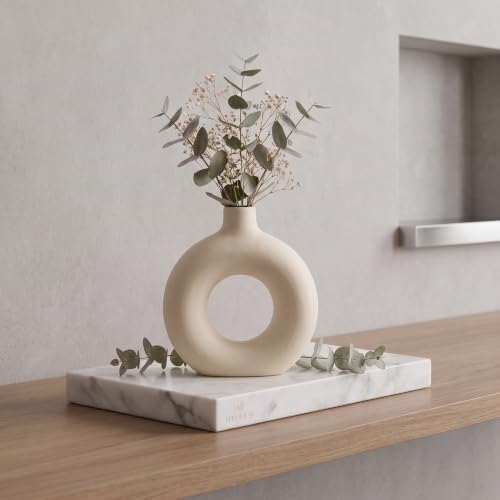 Image of Modern White Ceramic Donut Vase Decorative Flower Vase for Home Decor 5 inch