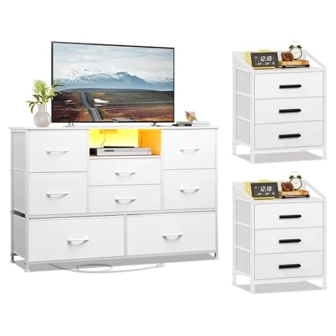 EKNKOZY 3 Drawer Nightstand and 8 Drawer TV Stand with LED Lights and Charger Cover