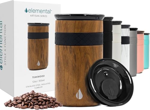 Elemental Artisan Triple Wall Insulated Tumbler – Stainless Steel Coffee Cup with Ceramic Lid – Thermal Travel Mug for Hot(6 Hrs) & Cold(18 Hrs) Drinks – Reusable Coffee Cups (Teak Wood, 355 ml)