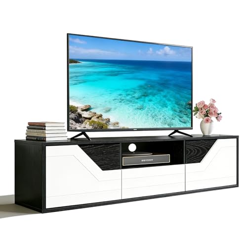 Durecoform TV Lowboard Stehend 120cm, TV Schrank mit 2 Türen, TV Board für Fernseher bis zu 50 Zoll, Fernsehschrank mit Schublade und offenem Fach für Wohnzimmer und Schlafzimmer, Schwarzweiß