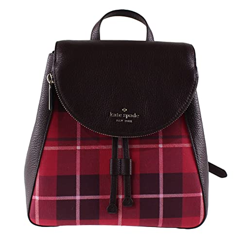 Kate Spade Leila Red Plaid Medium Flap Leather Backpack, Bright Rose Multi #TOP1