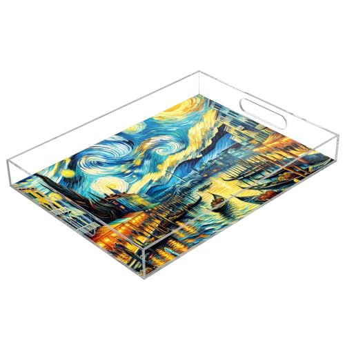 Bandeja transparente para servir con asa, bandeja acrílica de noche de Venecia estrellada, mesa de café, perfume, sala de estar, cocina, bandeja para servir