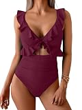 CheChury Badeanzug Damen Bauchweg Rüschen V Ausschnitt Push Up Badeanzüge Einteilige Rückenfrei Rüschenärmel Strandmode Bademode Swimsuit Bikini Suits Rüschen Schlankheits Badeanzüge Stück Monokinis