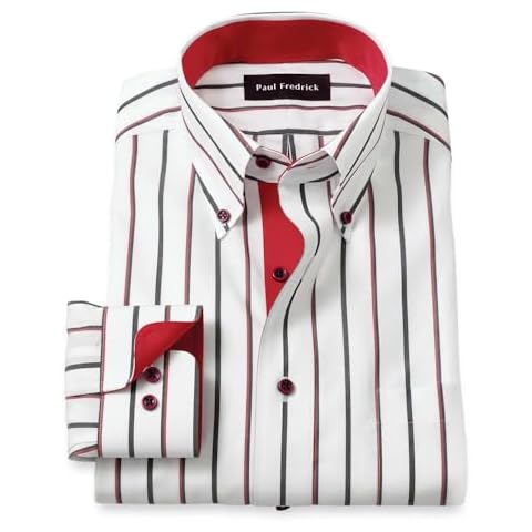Paul Fredrick Men's Classic Fit Non-Iron Cotton Stripe Dress Shirt Black/red 19.0/35 DHU280B Cover