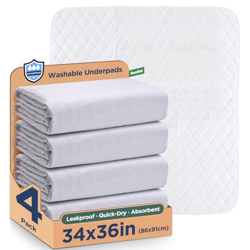 Image of Waterproof Reusable Incontinence Bed Pads Washable Incontinence Underpads 8 Cups Absorbency,Mattress Protector for Adults, Kids and Pets(34 inchx 36 inch inch 4 Pack)