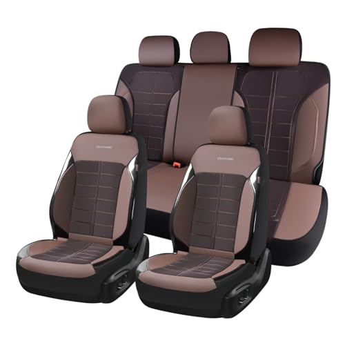 Image of Coverado Leather and Air Mesh Seat Cover, Car Seat Cover Full Set, 3D Breathable Seat Protectors Sports Carbon Fiber Design Airbag Compatible Comfort Universal for Most Cars, Van,Trucks, SUV, Brown