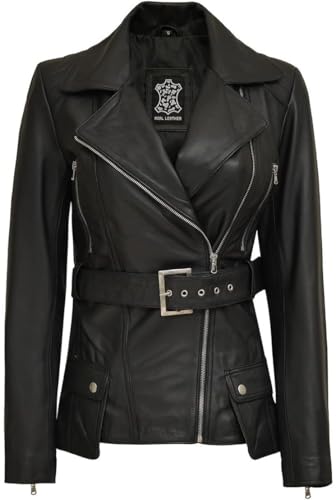 fjackets Women Leather Jacket - Real Lambskin Belted Style Leather Jackets Womens Stylish Asymmetrical Women's Leather Jacket