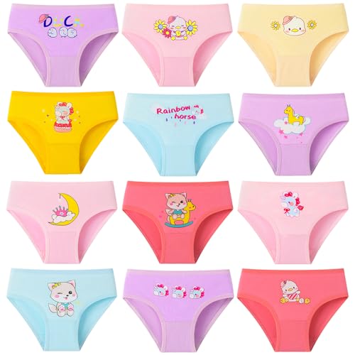 Domee Bragas Algodón Ropa Interior Estampados de Animales Niña Gato + Unicornio + Pato 8-10 años (Fabricante Talla XL) Pack de 12