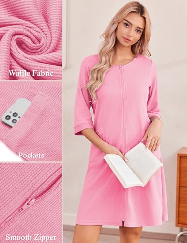 Image of Ekouaer Zip Up Robes for Women Short Waffle Bathrobe Lightweight house coat 3 /4 Sleeve Soft Nightgown with Pockets S-3XL