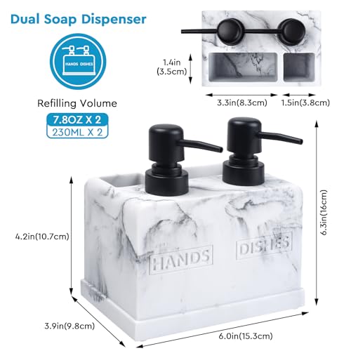 Kitchen Soap Dispenser Set,with Liquid Hand and Dish Soap,Sponge Holder and Brush Holder 4-in-1 Dual Soap Dispenser Set for Kitchen Sink, Bathroom - Artificial White Marble Look by Deobath - Image 7
