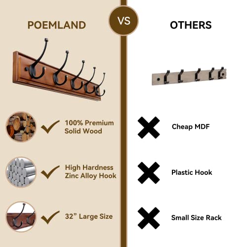 Poemland 32" Wall Mount Extra Large Wood Coat Hooks With Heavy Duty Metal Hardware For Hanging Coat,Clothes,Jacket,Hats (Walnut) #TOP1