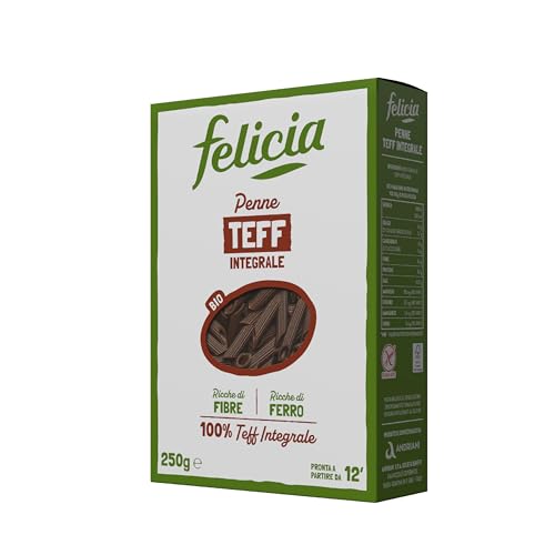Felicia, Penne Rigate di Teff Integrale, Pasta Biologica Ricca Fonte Fibre, Ferro, di Magnesio e di Fosforo, Conserva il Gusto Autentico della Cucina Etiope, Vegan, Confezione da 250 g