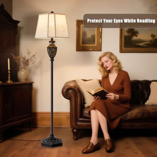 Image of Luvkczc Vintage Black Floor Lamp,Resin Traditional Standing Lamp | with 6-Sided Carved Hollow Nightlight, for Living Room, Bedroom, Study (Bulb Included)