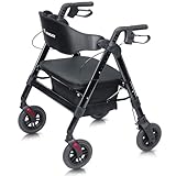 FlyingJoy Rollator Walker with Seat,450Lb Rolling Walker, Extra-Wide Heavy-Duty Rollator Walker with Seat and Brakes for Seniors and Adults Bariatric with Large Aluminum (Black)