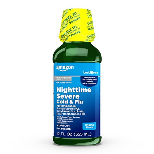 Amazon Basic Care Nighttime Severe Cold & Flu Liquid, Original, 12 fl oz (Pack of 1)