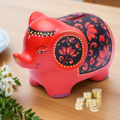 Image of Potter's Magic Ceramic Hand Painted Elephant Piggy Bank with Lock | Modern Lucky Money Bank | Piggy Bank for Womens | Mitti ka Gullak | Kiddy Bank for Boys & Girls (Without Glaze) (Red)