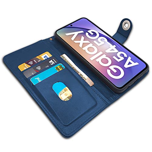 Image of Pikkme Samsung Galaxy A54 5G Flip Cover Leather Finish | Inside TPU with Card Pockets | Wallet Stand and Shock Proof | Complete Protection Button Flip Case (Blue)