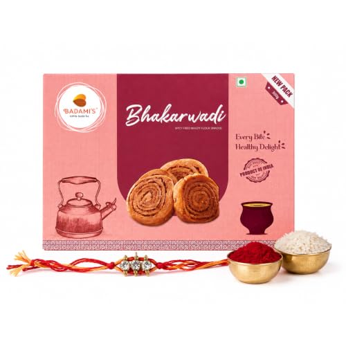 Image of Badami's Bhakarwadi 300g with Complimentary Rakhi | Crispy & Tasty Gujarati Namkeen Snack | Traditional Bakarwadi | Ready to Eat Tea Time Munching Snack | Raksha Bandhan Gift Pack