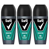 Sure Antiperspirant Roll On Sensitive 48H Sweat and Odour Protection Roll On with Sandalwood, Patchouli and Vanilla Fragrance Deodorant for Men, 50ml Pack of 3