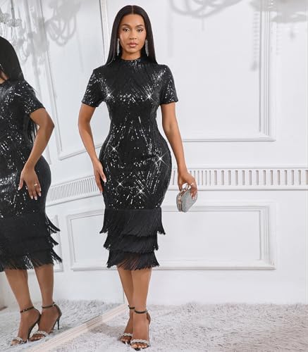 Image of Cololura Sexy Elegant Women Sequin Long Sleeve Tassel Bodycon Midi Dress Party Evening Gown Formal Dress