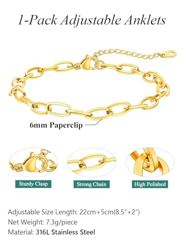 Image of FaithHeart Waterproof Ankle Bracelets for Women, 1 /2 /3Pcs Non Tarnish Stainless Steel Layered Anklet Set Paperclip Figaro Cuban Link Chain Dainty Summer Beach Jewelry Gift Adjustable Size