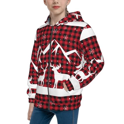 Christmas Buffalo Plaid Kid Hoodies Boys Zip Up Sweatshirts Girls Pullover with Pocket
