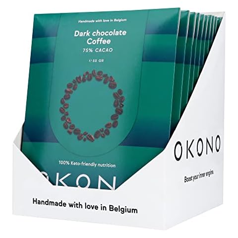 OKONO Vegane zuckerfreie Schokolade, Süßigkeiten Großpackung mit 10x 50g Tafel pro Box, Keto Schokolade, dunkle low carb Schokolade mit Kaffee Geschmack Cover