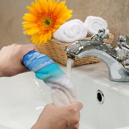 Serviette de bain microfibre 72x35 cm blanche imprimé plage tropicale