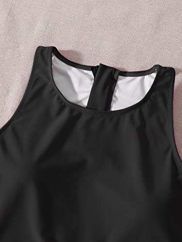 Women Athletic Two Piece Swimsuits Sports High Waisted Bathing Suit Crop Tops Bikini Set Tummy Control Tankini Solid Black #TOP4