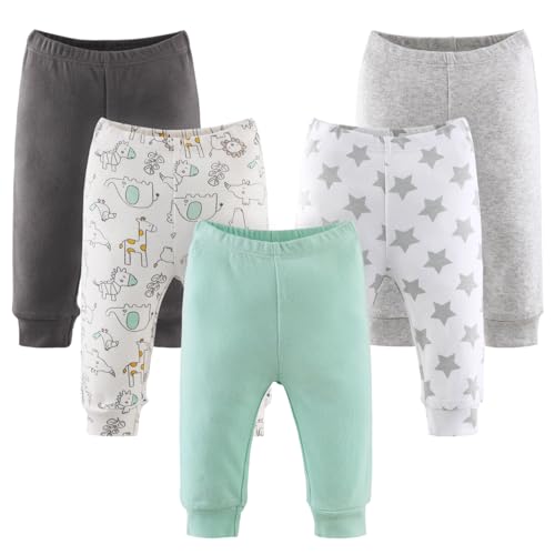 Image of The Peanutshell Baby Pants 5 Pack Set for Boys or Girls | Newborn to 24 Month Sizes | Black, Grey, Light Green, Safari, Stars