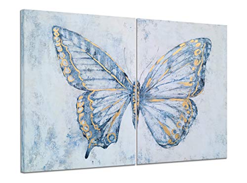 Yihui Arts Blue and Gold Butterfly Diptych Wall Art -