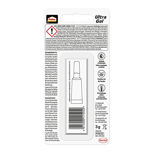 Pattex Sekundenkleber Ultra Gel, extra starker & flexibler Superkleber, stoß- & wasserresistentes Sekundenkleber Gel für z. B. Gummi, Leder, Holz, 1 x 3g