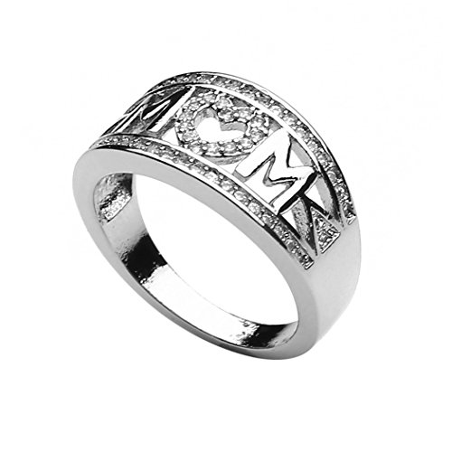 Myhouse Women Girls 18K White Gold Plated Rhinestone Heart Ring Mom Letter Ring For Mother's Day Gifts (10) #TOP4