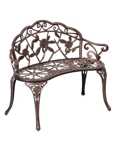 Roomark Banc de Jardin 2 Places, Banc d'Extérieur Métal 91cm Style Rétro Bronze avec Dossier Fleuri, Banquette de Jardin Robuste pour Terrasse Balcon Patio Jardin