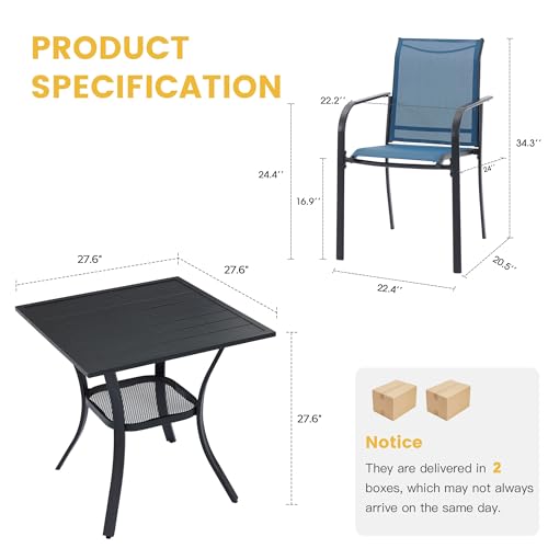 Image of VICLLAX Patio Dining Set for 2, Outdoor Furniture Set Includes Small Table and 2 Stackable Sling Chairs, Bistro Set for Outside, Black Table and Blue Chairs