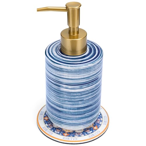 GLUBEE Ceramic Soap Dispenser Set - Compact Refillable Hand & Dish Soap Dispenser for Bathroom & Kitchen, Non-Slip Absorbent Mat & Silicone Funnel, Space-Saving Countertop Design, 11.8 oz