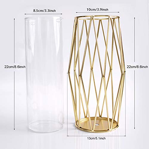 Geometric Glass Vase With Metal Bracket, Crystal Transparent Inner Vase, Hand-Plated Metal Geometric Vase, Gold Color Vase Decoration For Home Office Wedding Holiday Party Gifts #TOP2
